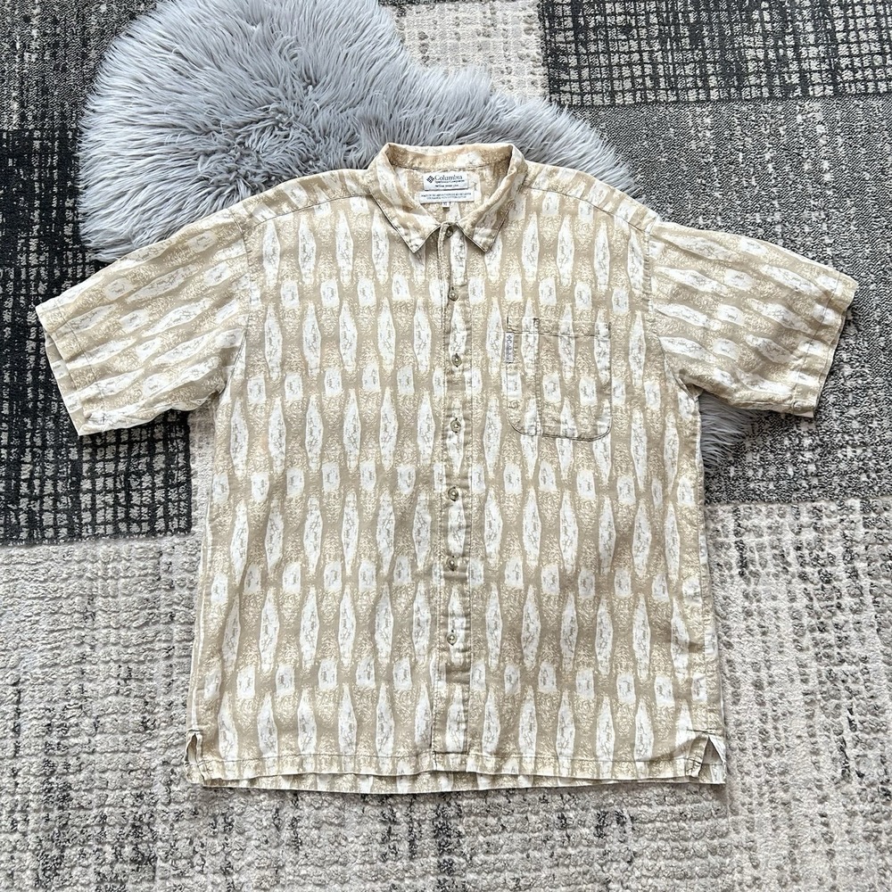 Columbia Camp Shirt Mens XLarge Rayon Flax Linen Beach Outdoor Tan‎ Abstract